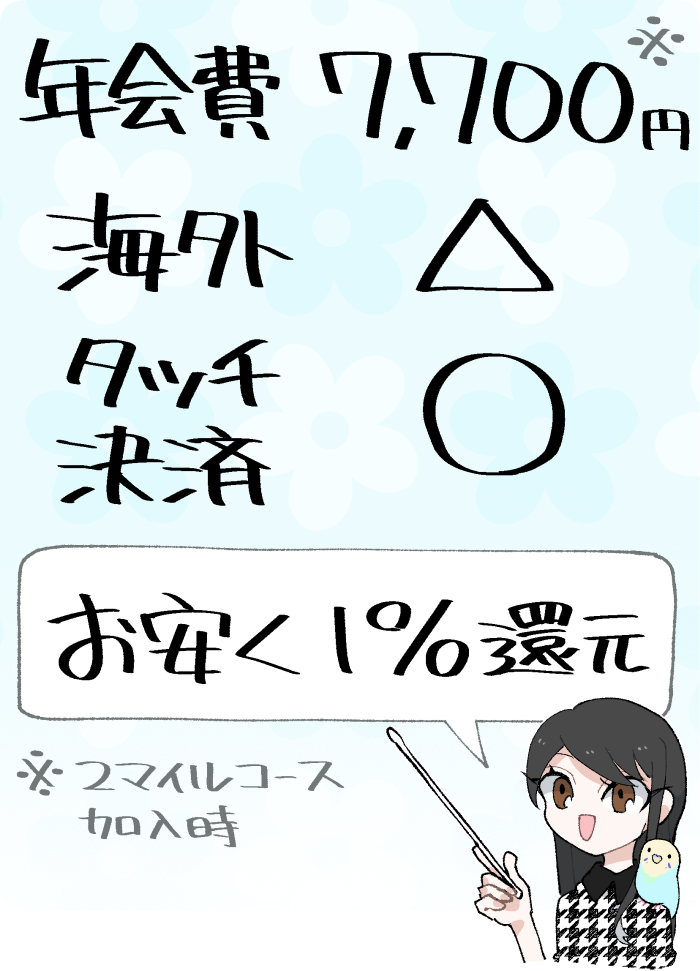 ANA JCB一般カードの概要
（実質年会費7,700円／海外適性は低め／タッチ決済あり／比較的安い年会費でマイル還元率1.0%を達成可能）