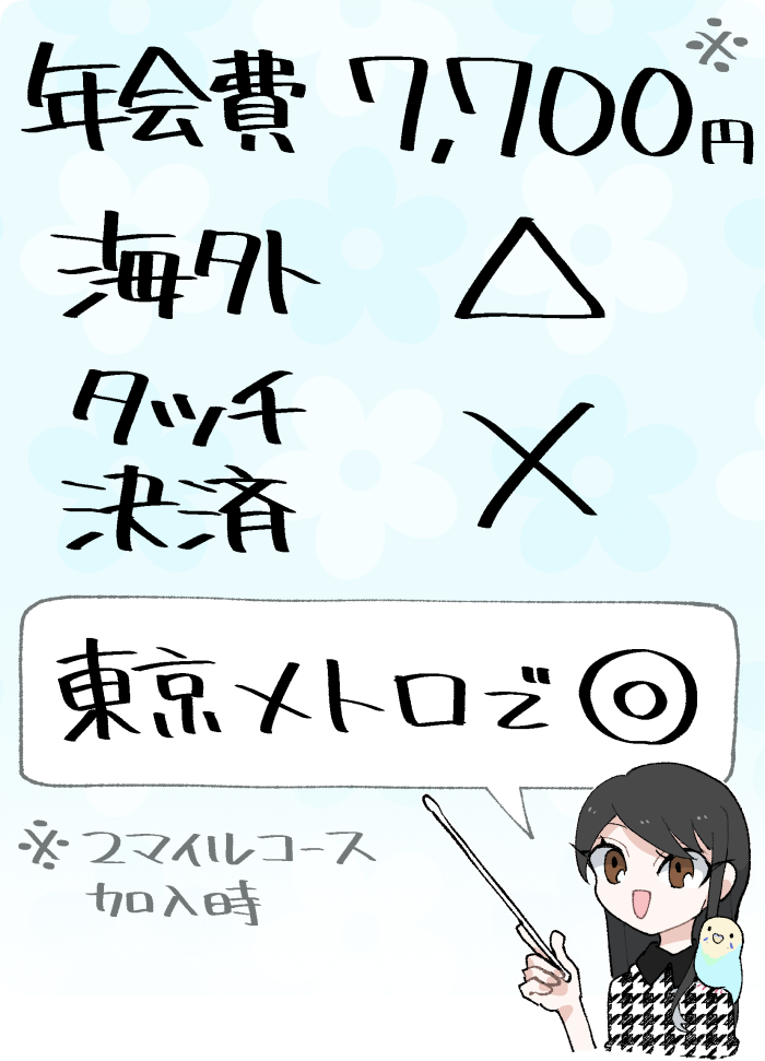 ソラチカ一般カードの概要
（実質年会費7,700円／海外適性は低め／タッチ決済なし／PASMOオートチャージに対応＆東京メトロで優待あり）
