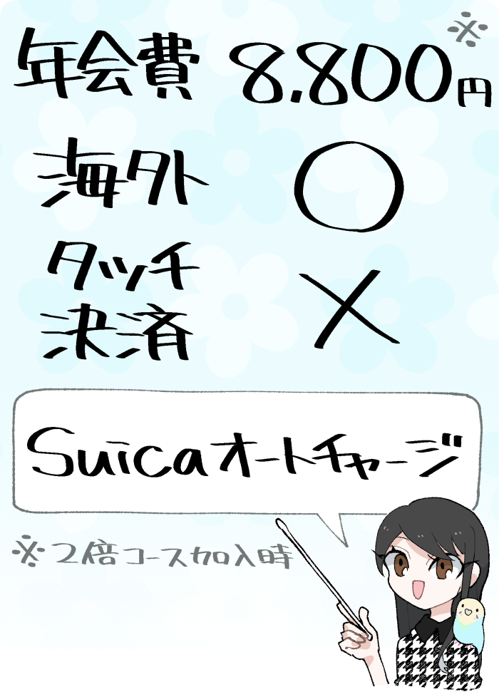ANA VISA Suicaカードの概要
（実質年会費8,800円／海外適性○／タッチ決済なし／Suicaオートチャージに対応）