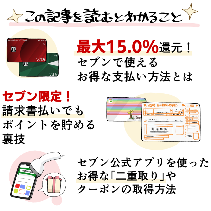 この記事を読むと分かること
・最大15還元！セブンで使えるお得な支払い方法　など