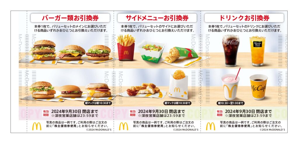 日本マクドナルドホールディングス公式サイトより、優待食事券1冊のイメージ