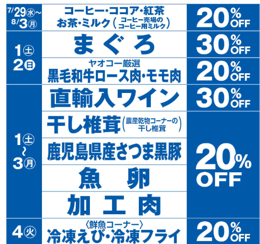 ヤオコーの実際のチラシの一部